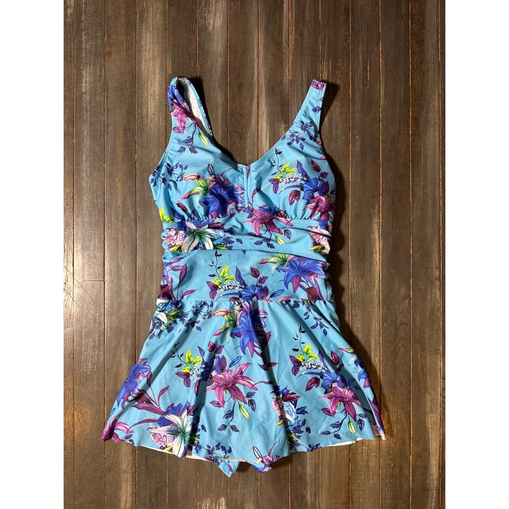 Floral Print Swim Dress Blue Purple One Piece Swimsuit with Boy Shorts Womens